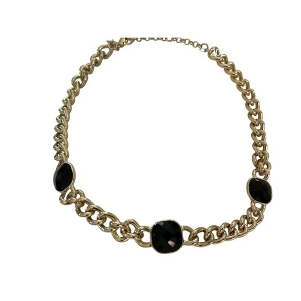Gold Tone Chunky Curb Chain Necklace with Black Stone Accents Statement Jewelry - Picture 3 of 7